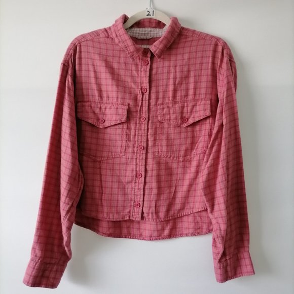 American Eagle Womens Pink Double Pocket High Low Plaid Button Up Shirt Size M - Picture 1 of 8